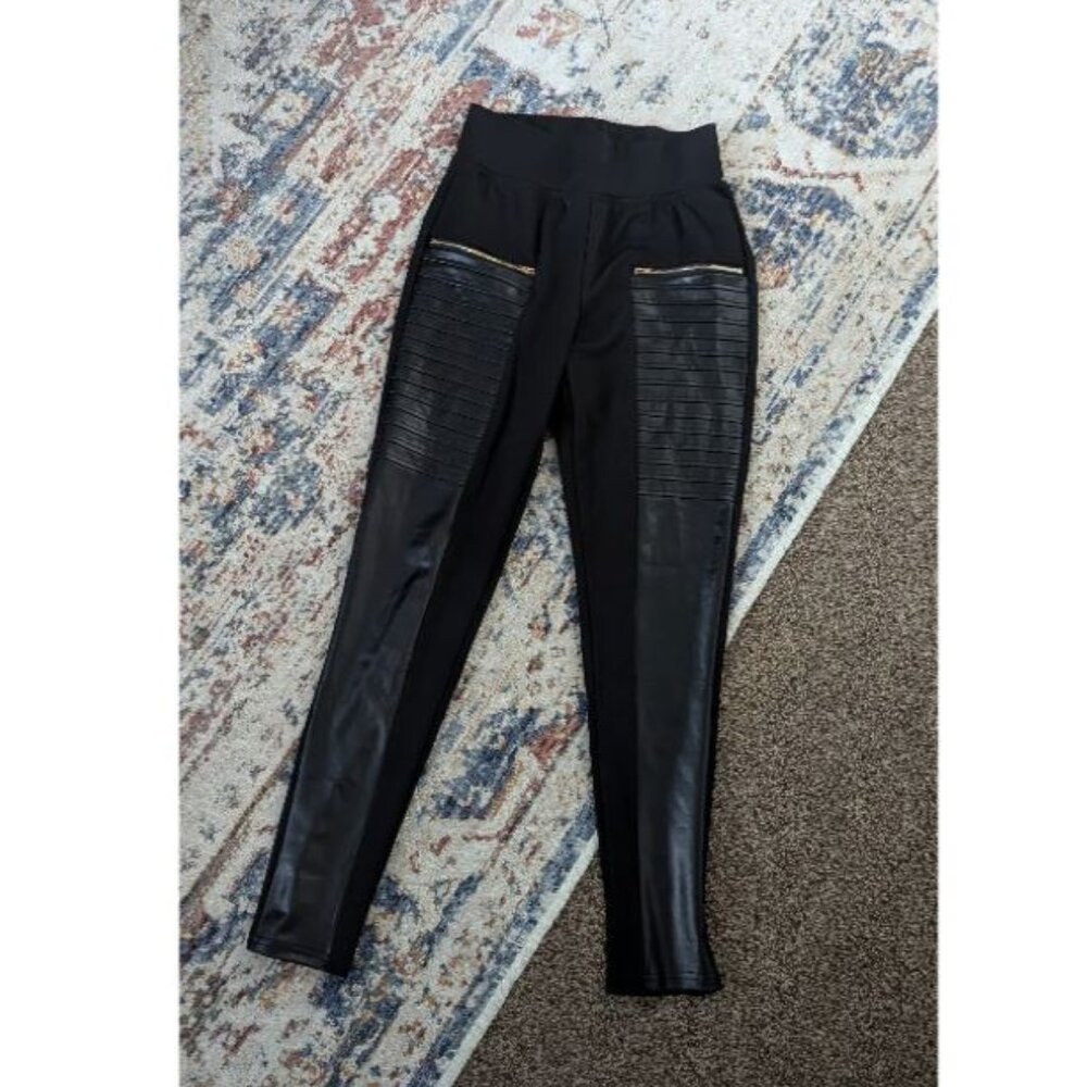 Black & Gold Faux Leather Mid-Waisted Ankle Length Leggings